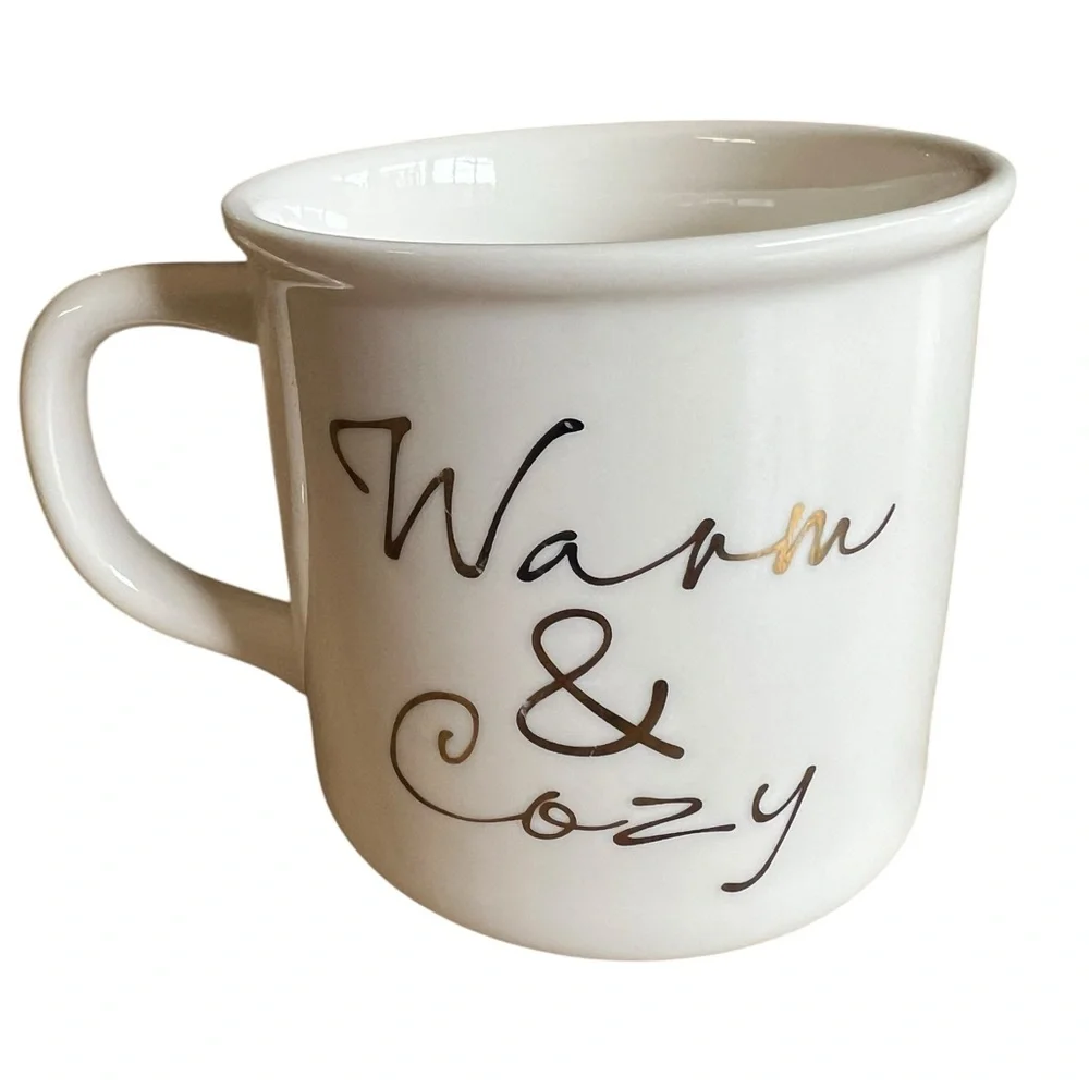 POTTERY BARN Warm & Cozy Large White Mug Gold-tone Metallic Font Dishwasher Safe